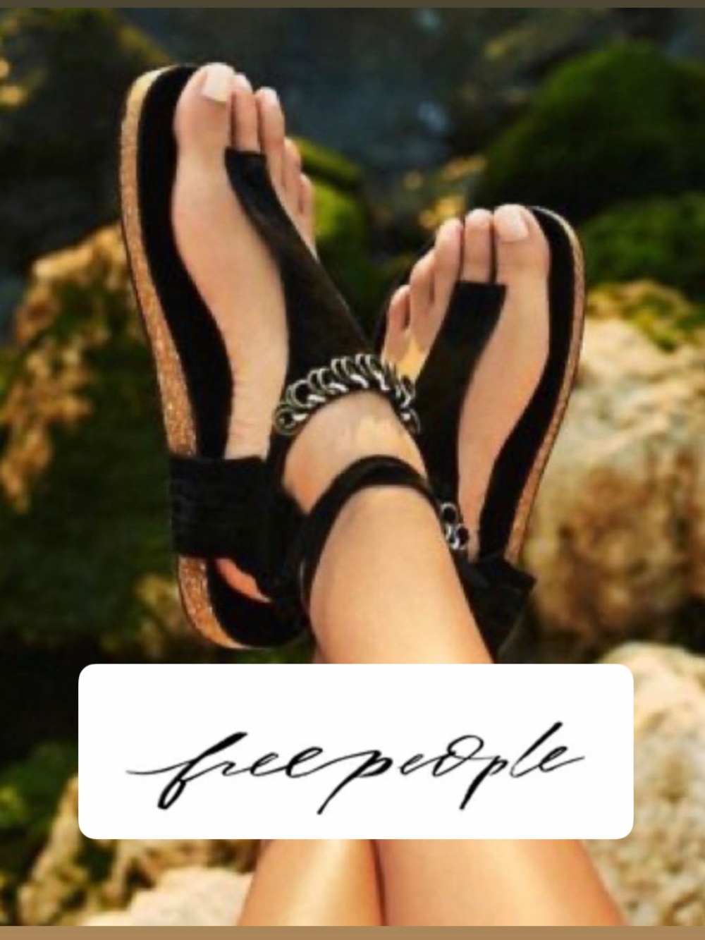 NEW!! Free People Black Suede Cork Wedge Sandals with Gold Chain Accent